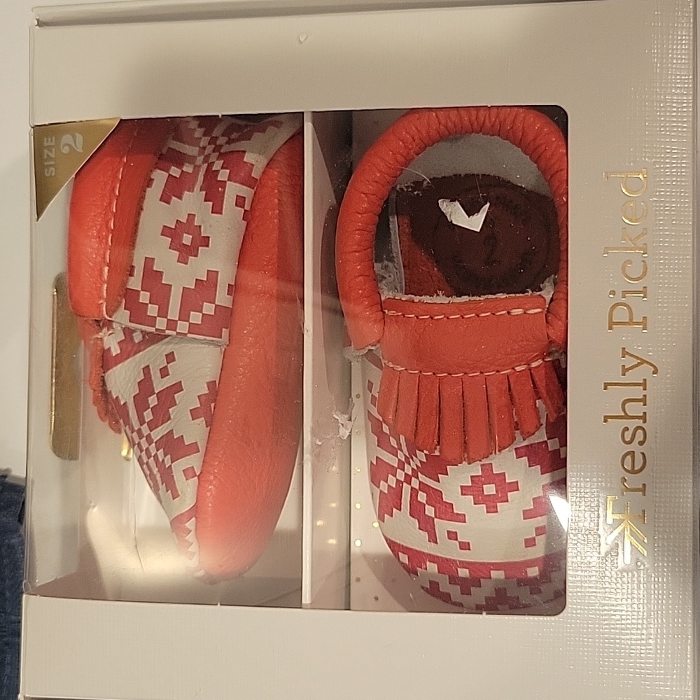 Freshly Picked Baby City Moccasins size 2 worn once. Red and white